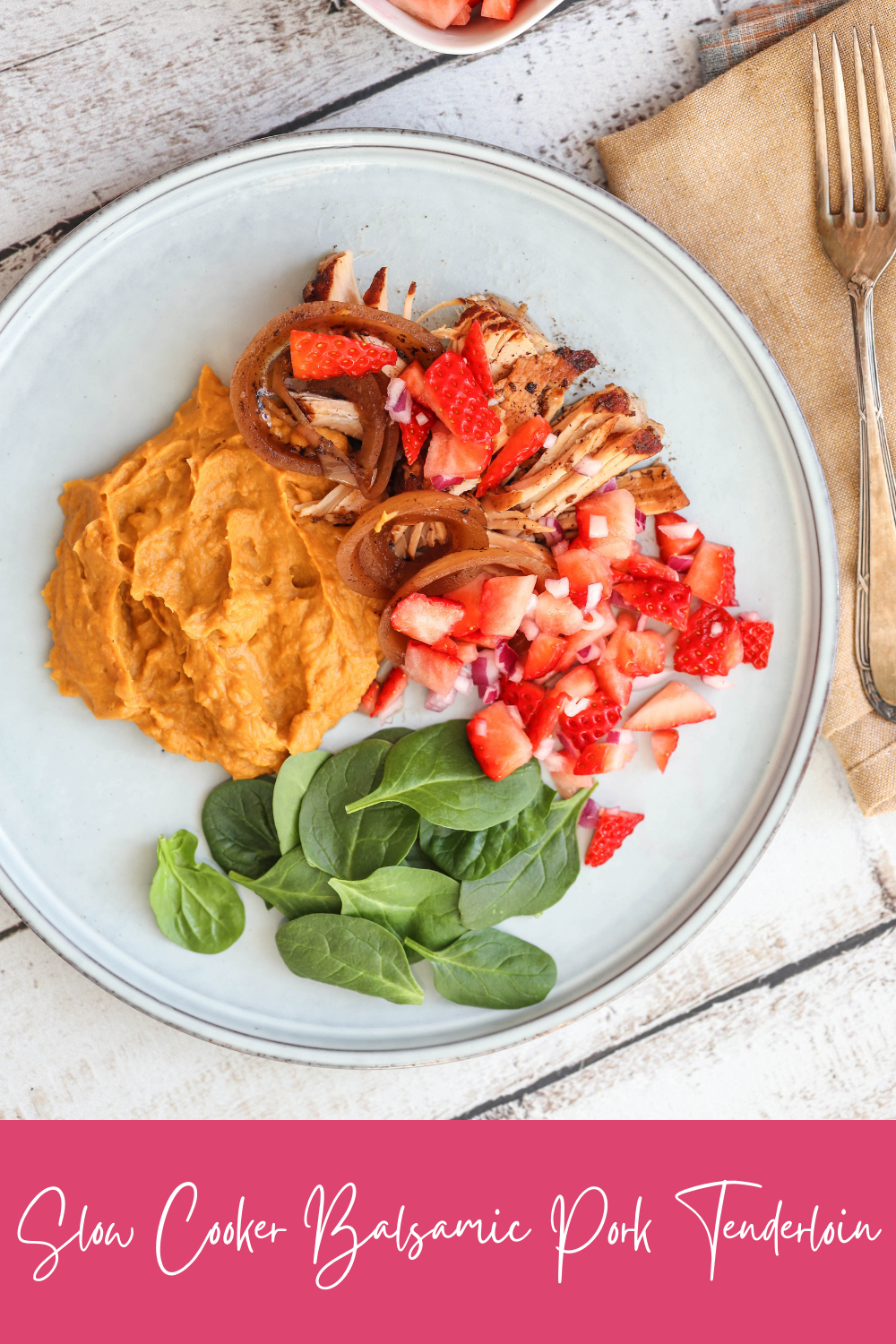 Slow Cooker Balsamic Pork Tenderloin with Strawberry Salsa, less than 300 calories and only 10 minutes to prepare, such a lovely summery meal, you won't believe it's part of a healthy diet.