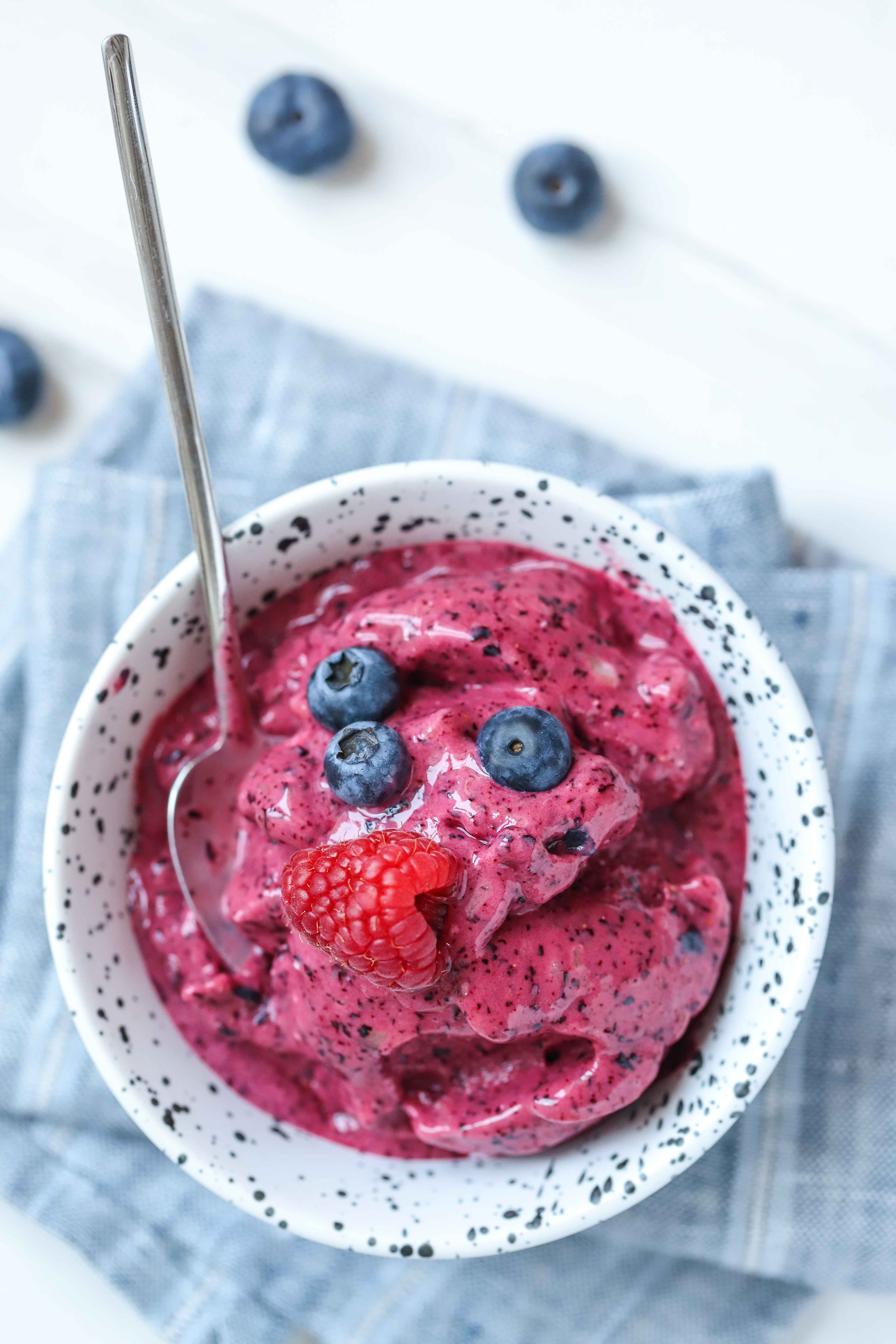 Frozen blueberry yogurt...as easy as turning on the blender. Serve with your favourite toppings.