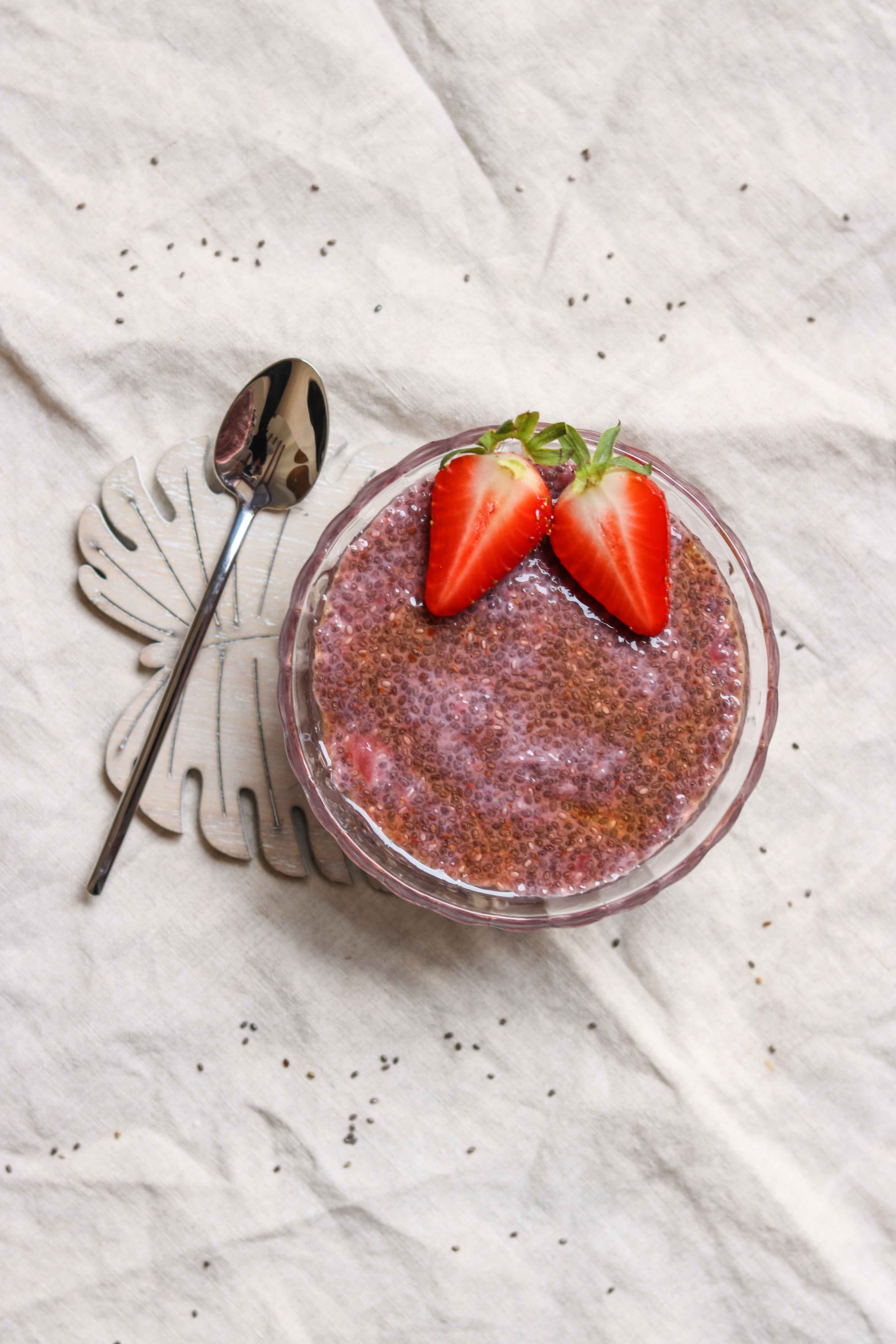 Strawberry chia pudding, a tasty snack that takes minutes to make. Make in advance for a super easy pudding.